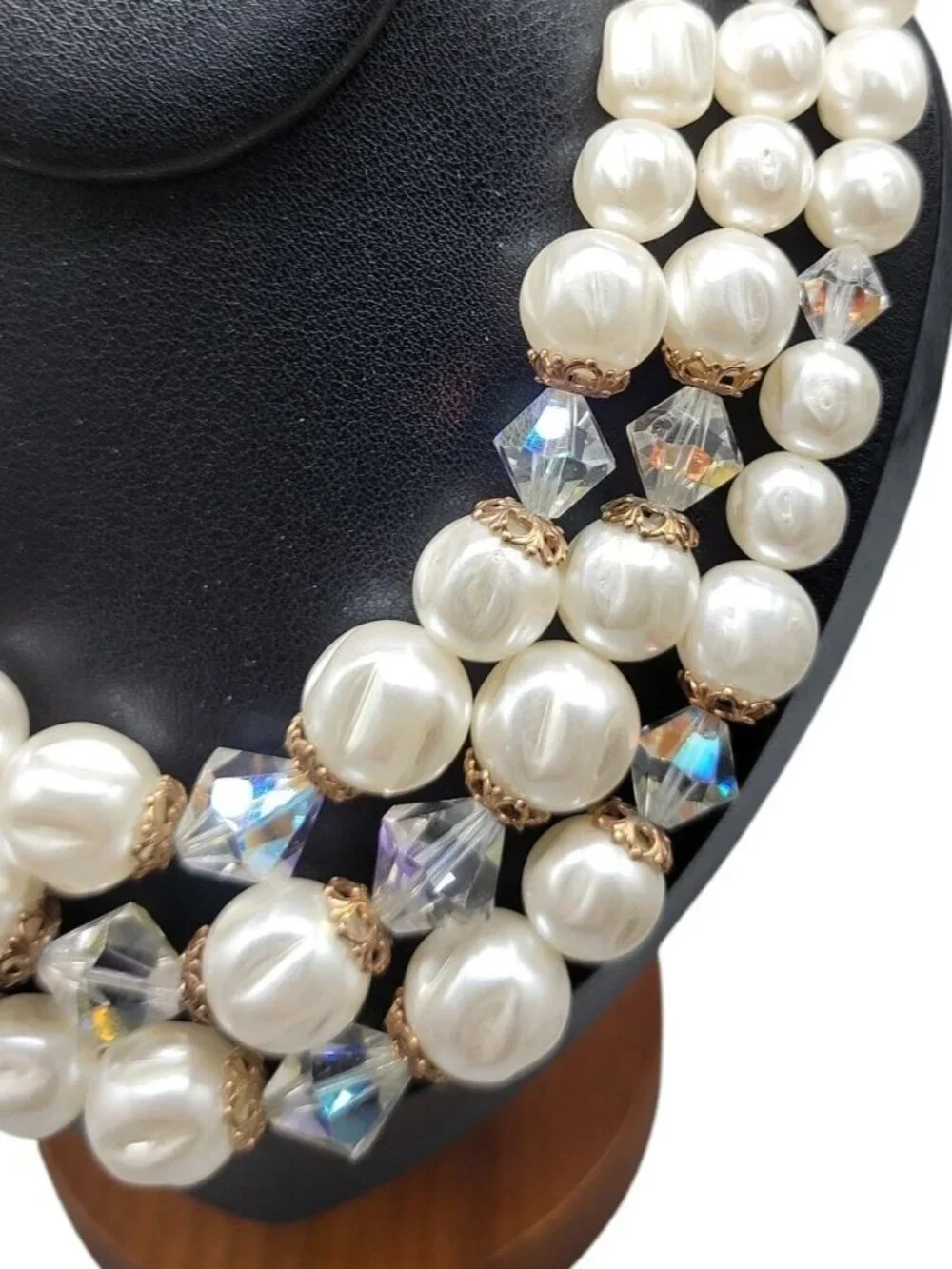 Faux Pearl Choker Multistrand Necklace Aurora Borealis Prism Spacers 16